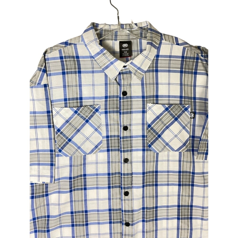 Ecko Unltd Streetwear Button Up Shirt Mens 4XB Blue Plaid Skate Y2K HipHop
